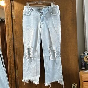 FREE PEOPLE JEANS MAGGIE MID-RISE DISTRESSED RAW HEM BUTTON FLY LIGHT BLUE SZ 30